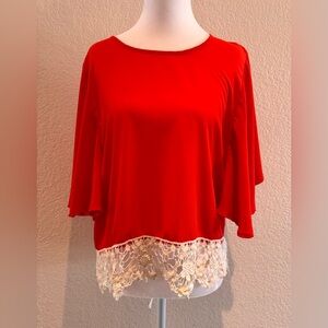 My Story - Bat Wing Red Blouse with Crocheted Hem - Size M